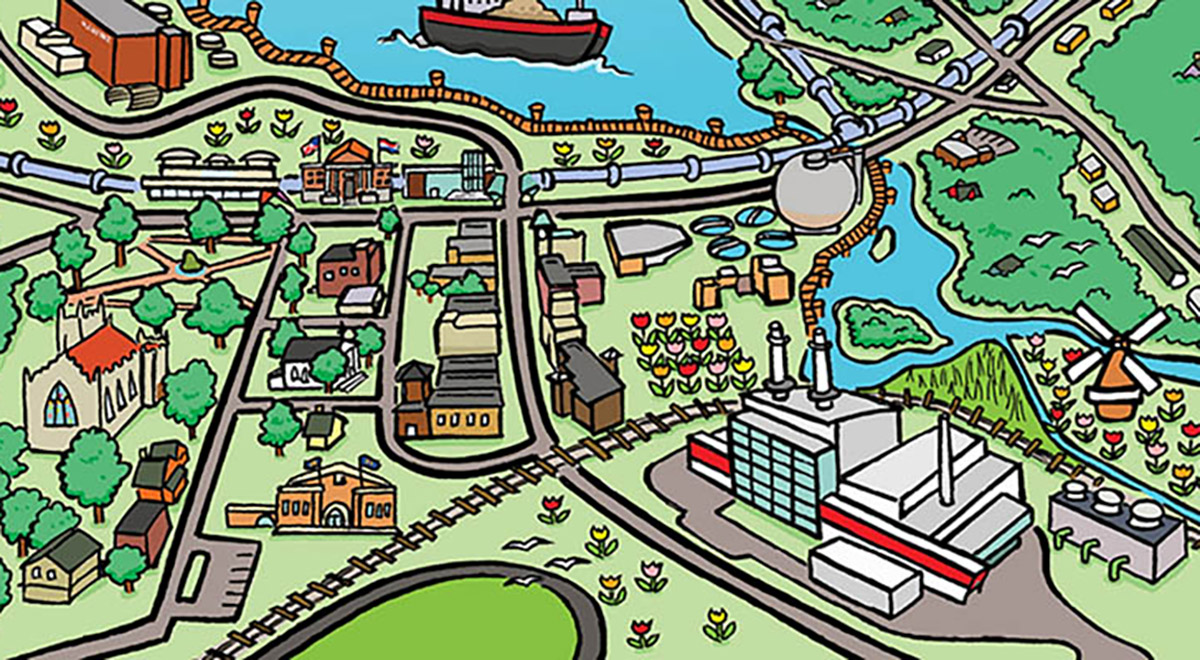 map of Holland that includes Holland Energy Park and Water Reclamation Facility illustrated in a cartoon style