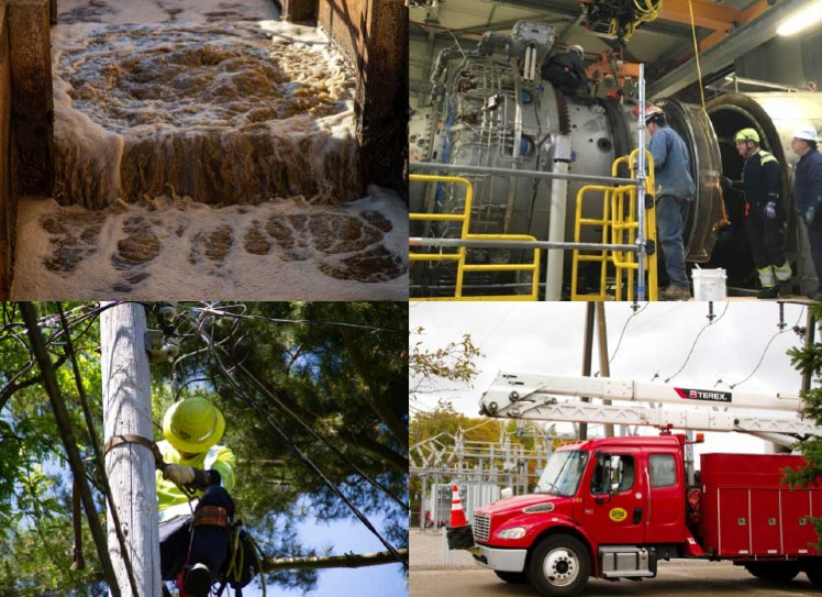 Collage of water flowing, employees maintaining a turbine at the power plant, a lineworker climbing a pole and a red BPW bucket truck at a substation.