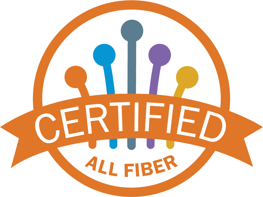 Certified All Fiber badge has an orange outline and five multi colored fibers in the background