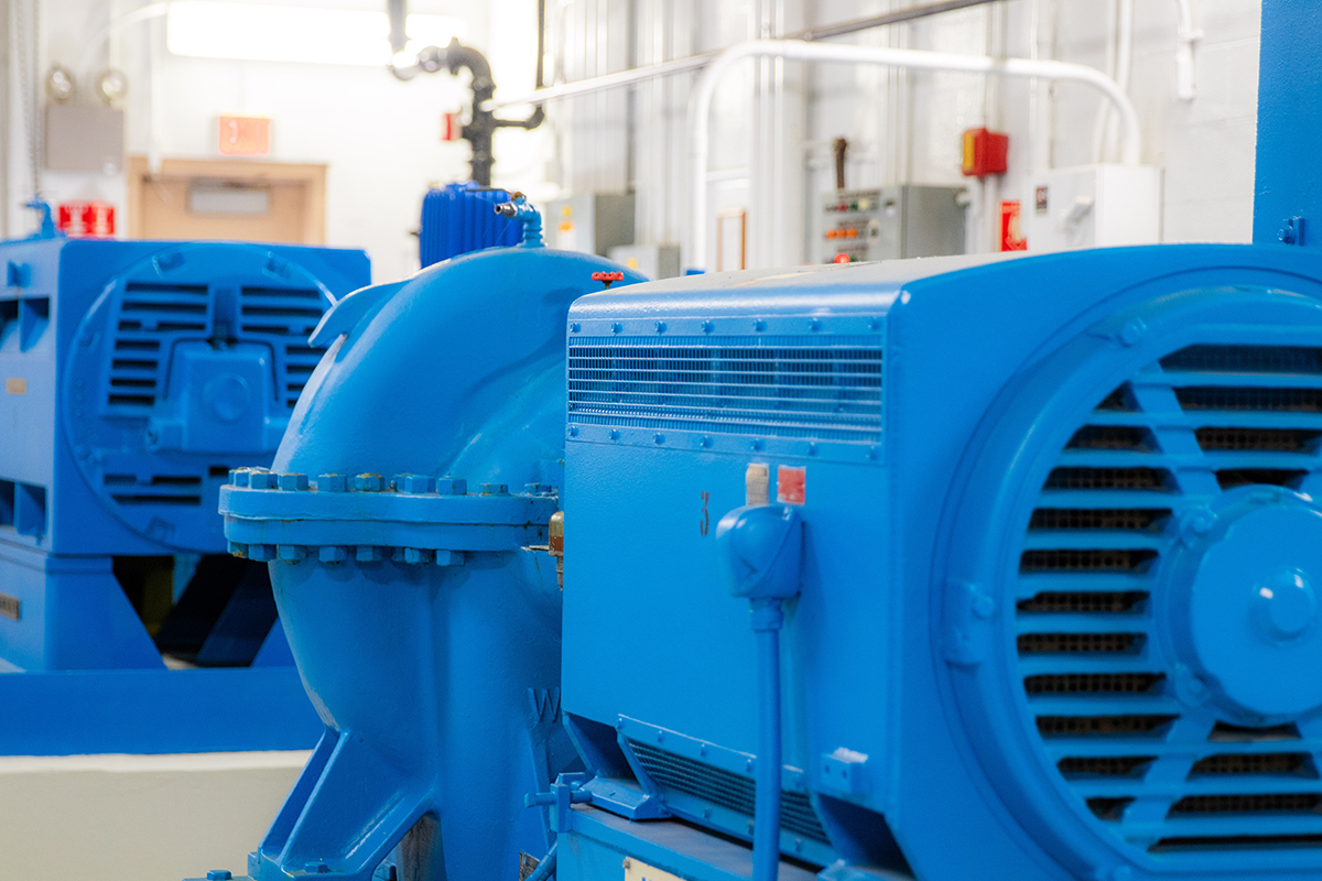 blue pumps in the Water Treatment Plant control the flow of the water from Lake Michigan.