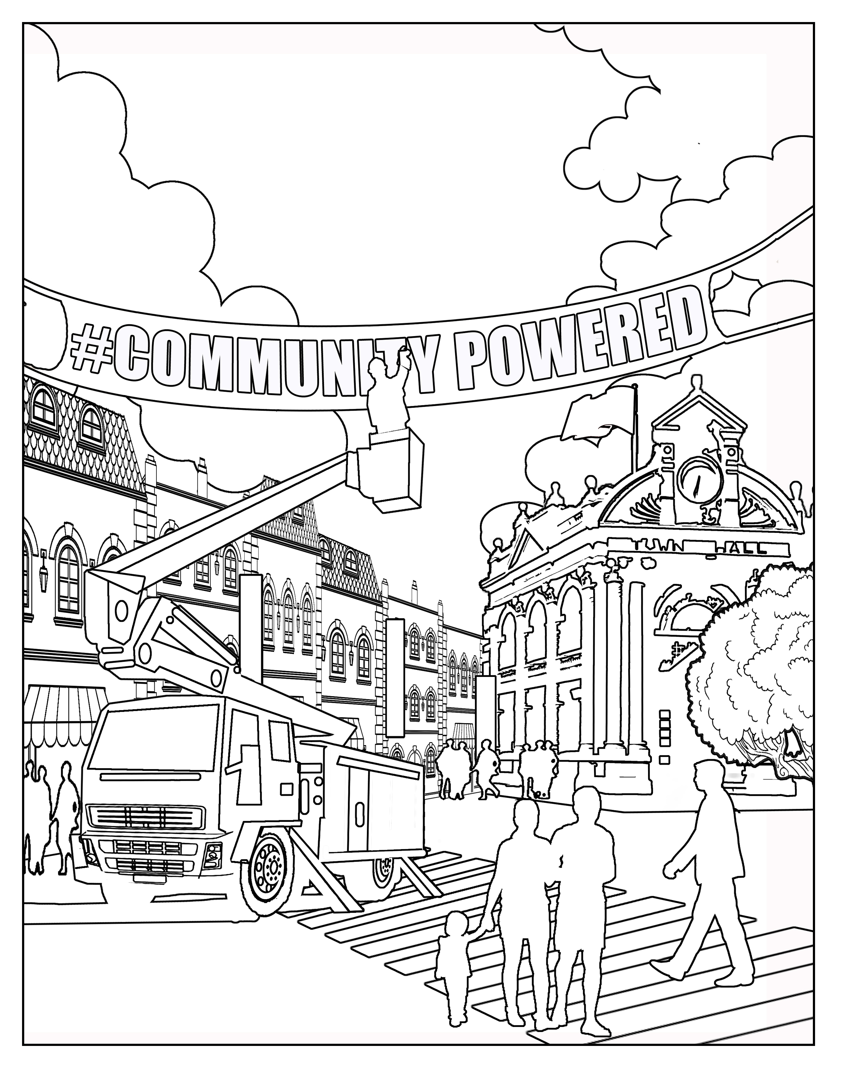 Blank coloring sheet of a town with a bucket truck hanging a banner that reads