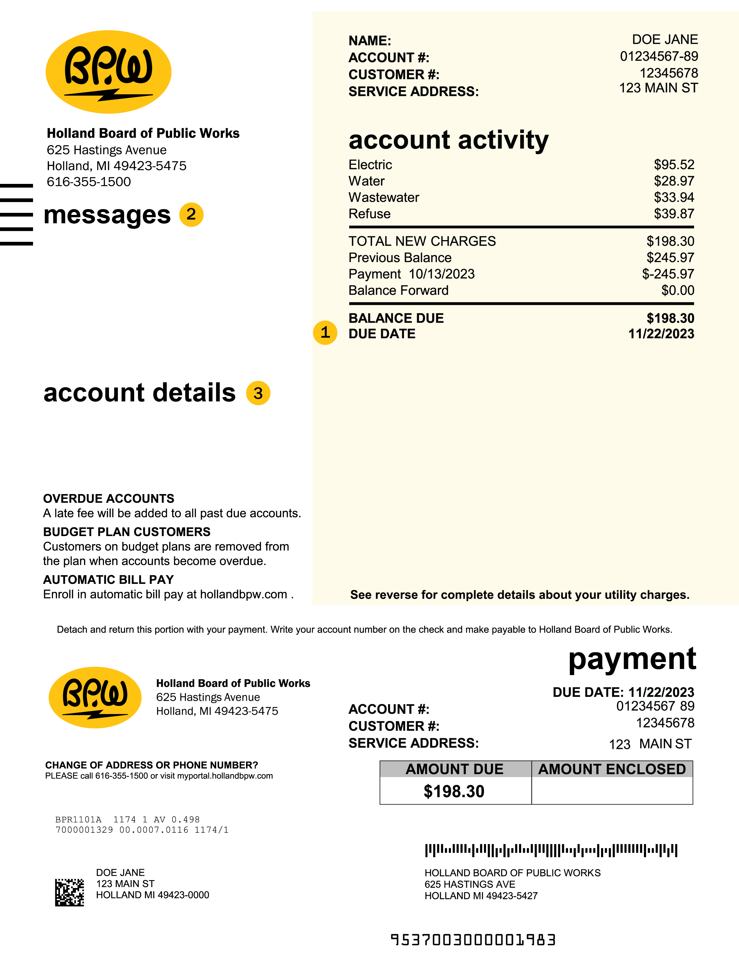 Diagram of a test bill labelled according to the text.