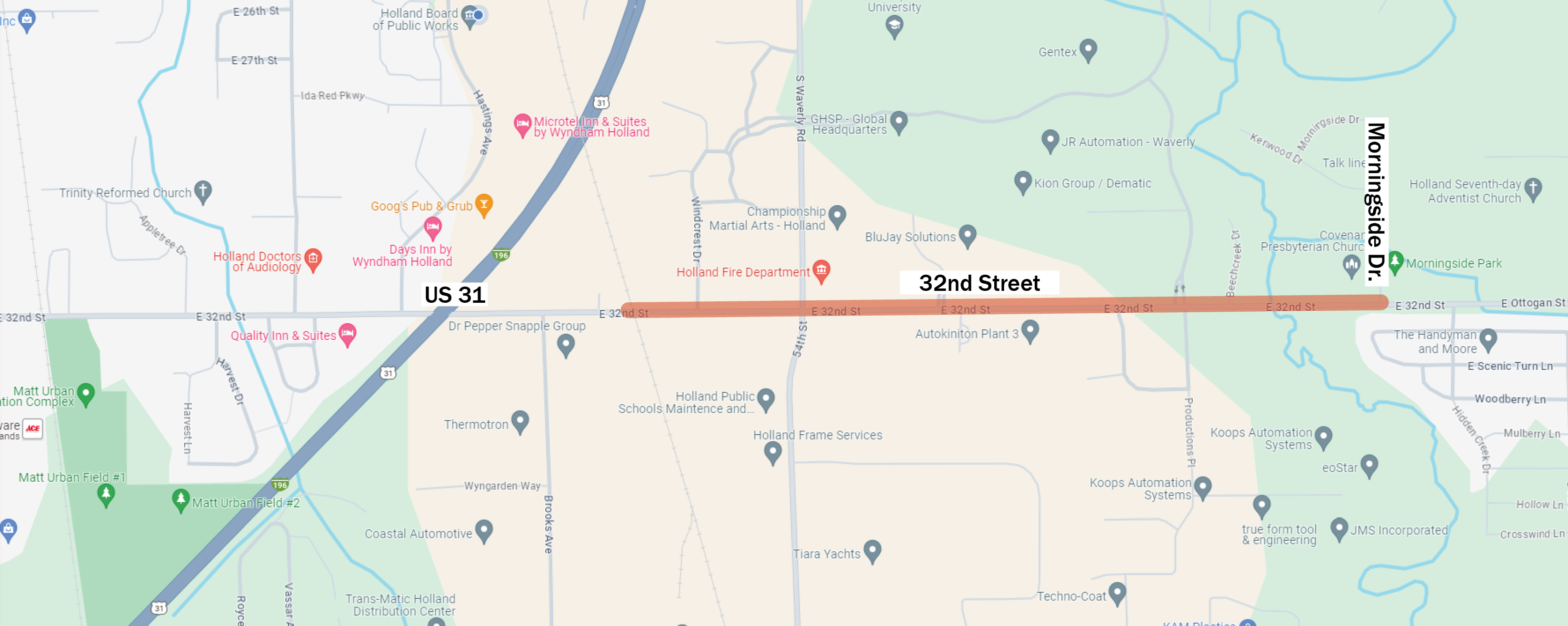 map of Holland showing where the water main construction will be between the railroad tracks at Waverly and Morningside