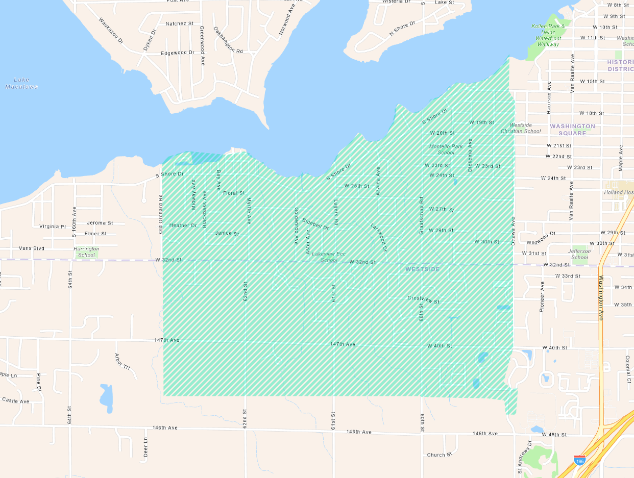 A map highlights the area in Holland, MI that will experience water main flushing. The target area is indicated by a bright green color. Areas not being flushed are in beige color tones.