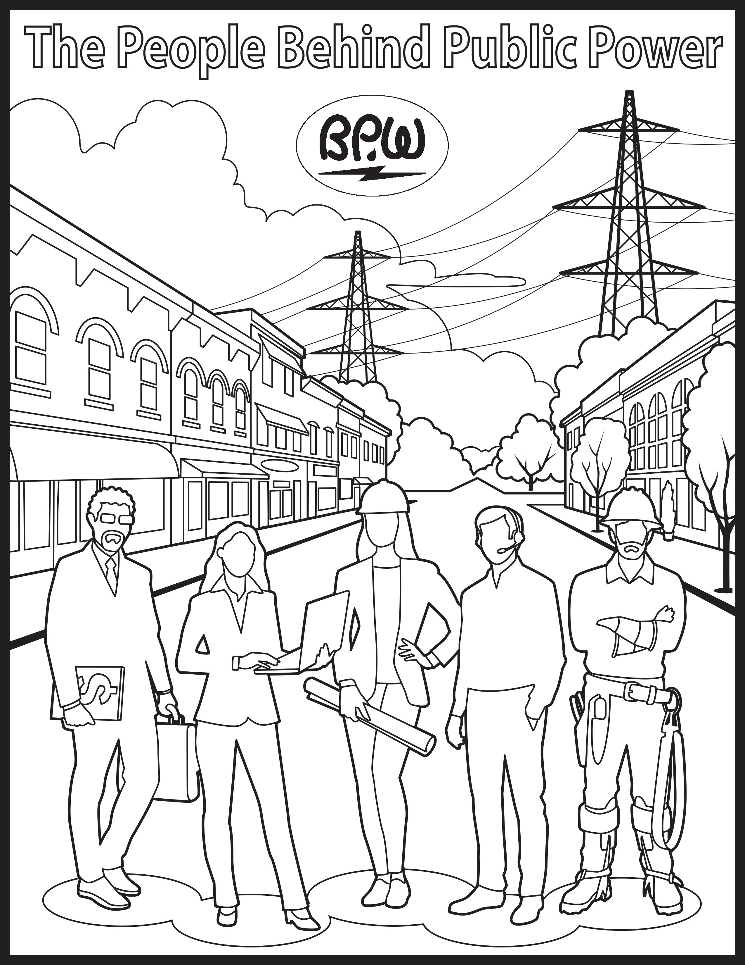Blank coloring sheet of a town with a bucket truck hanging a banner that reads
