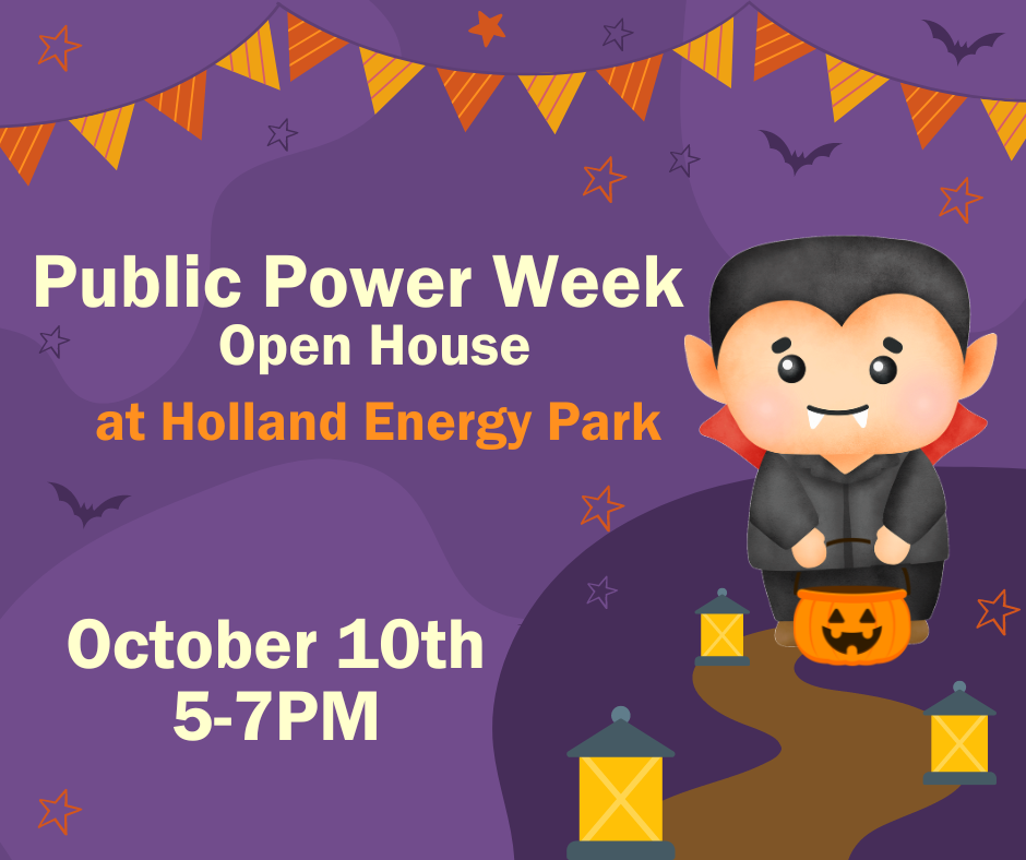 An illustrated smiling vampire holds a power strip against a purple background giving Public Power Week Open House event details.