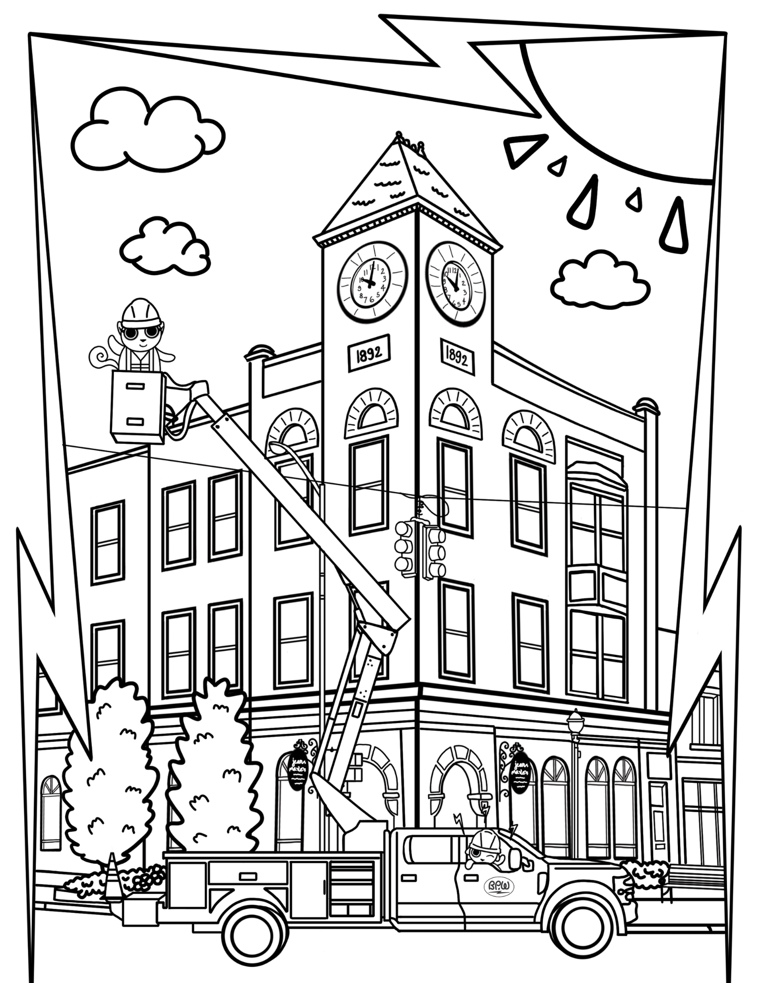 Blank coloring sheet of a town with a bucket truck hanging a banner that reads