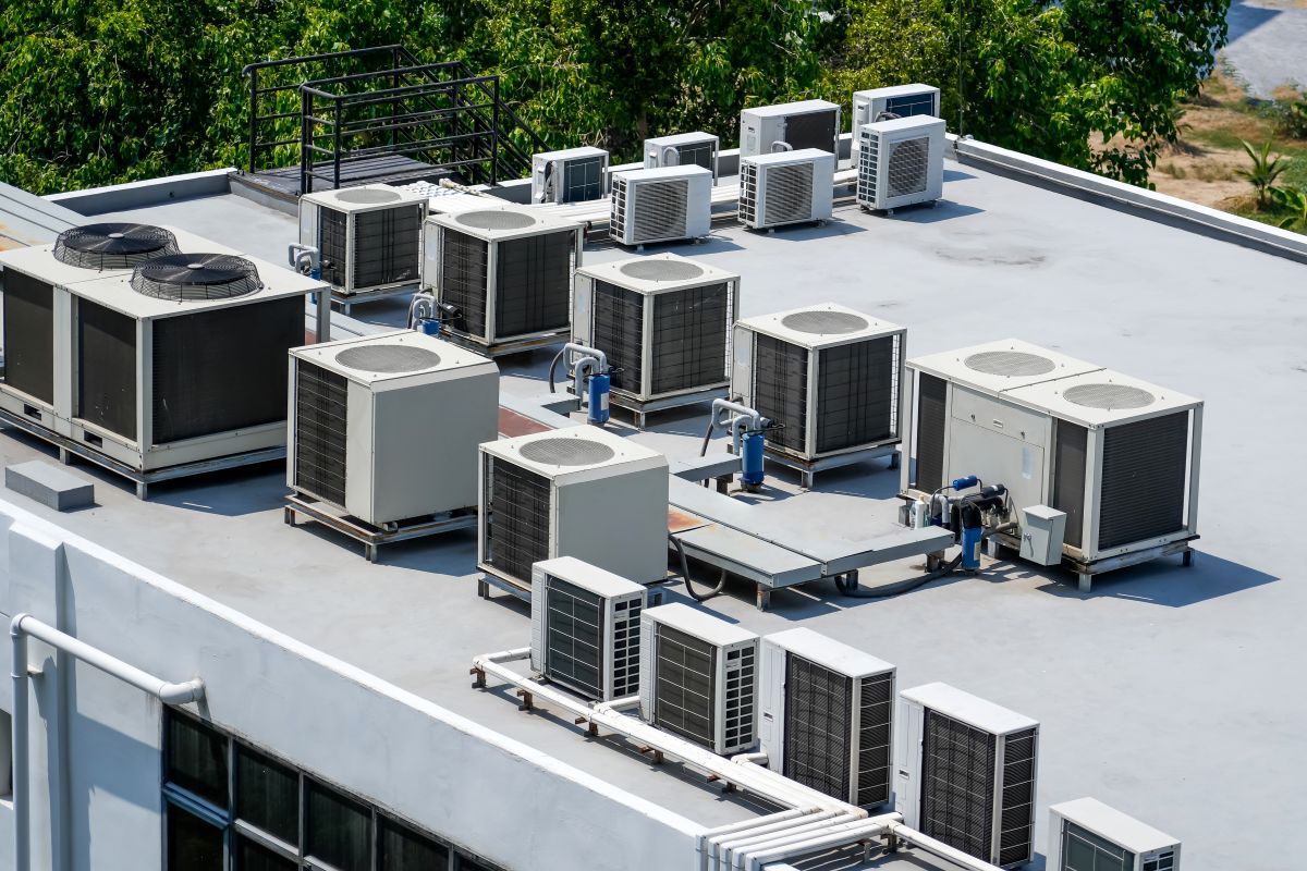 Rooftop view of a commercial HVAC system