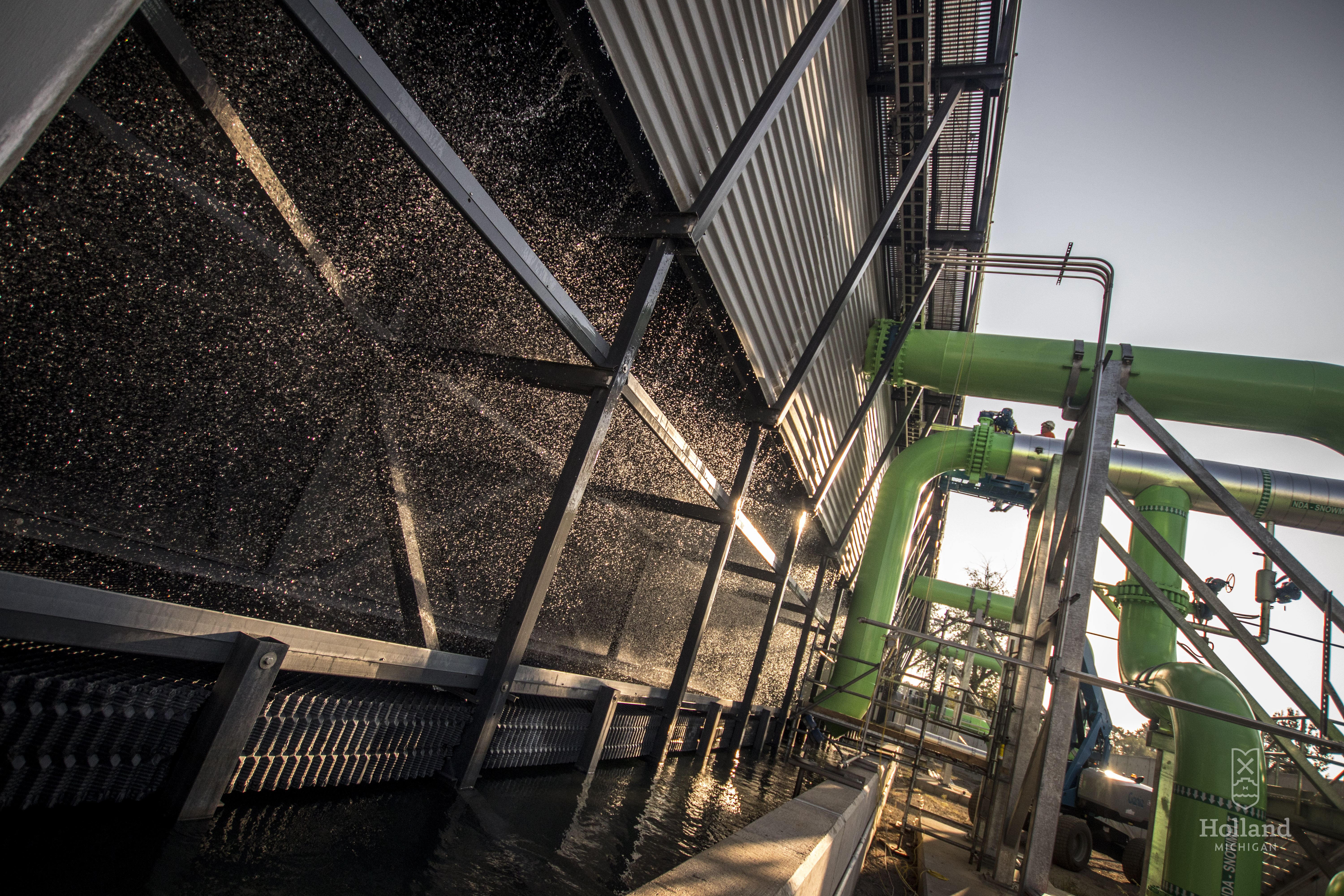 cooling tower showing with water flowing