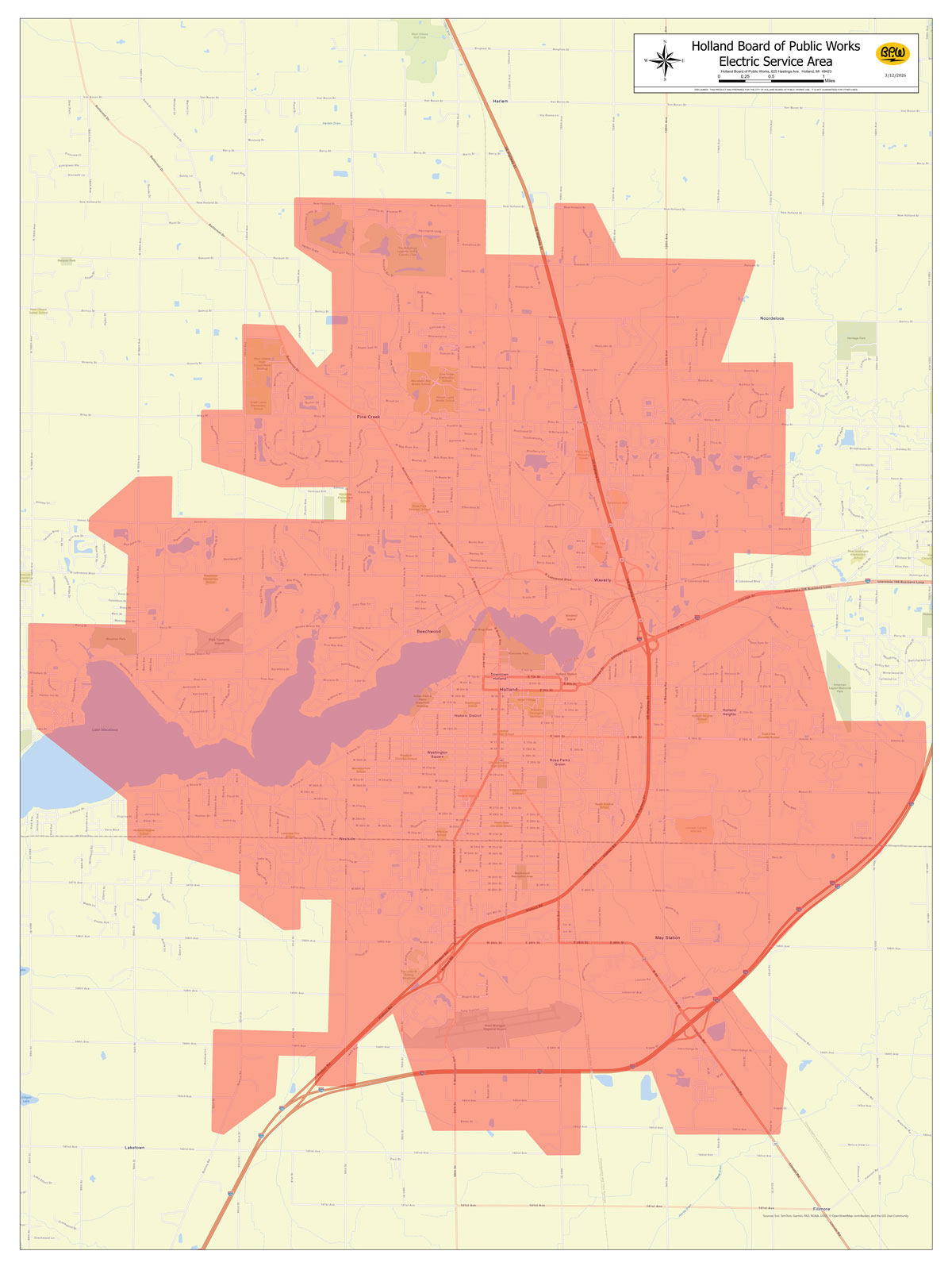 Mapa que muestra el territorio de servicio eléctrico de la Junta de Servicios Públicos de Holland, con el área resaltada donde BPW proporciona servicio eléctrico.