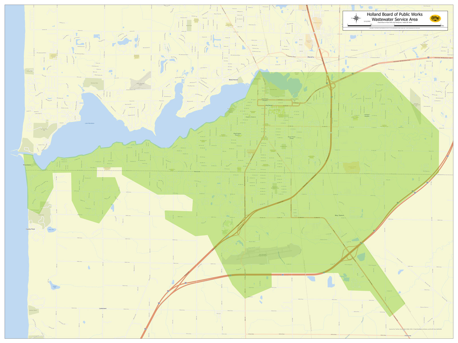 Mapa que representa el territorio de servicio de aguas residuales de la Junta de Servicios Públicos de Holland, destacando las áreas atendidas por la recolección y el tratamiento de aguas residuales de BPW.
