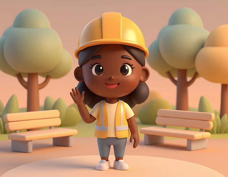 An AI generated character who is wearing a yellow hardhat and safety vest. She is waving and smiling while standing in a park.