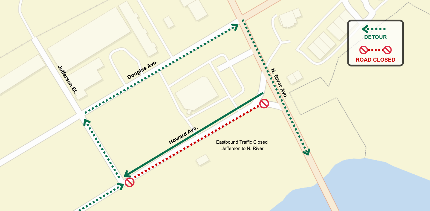 Detour route along Jefferson and Douglas to avoid eastbond Howard Ave closure.