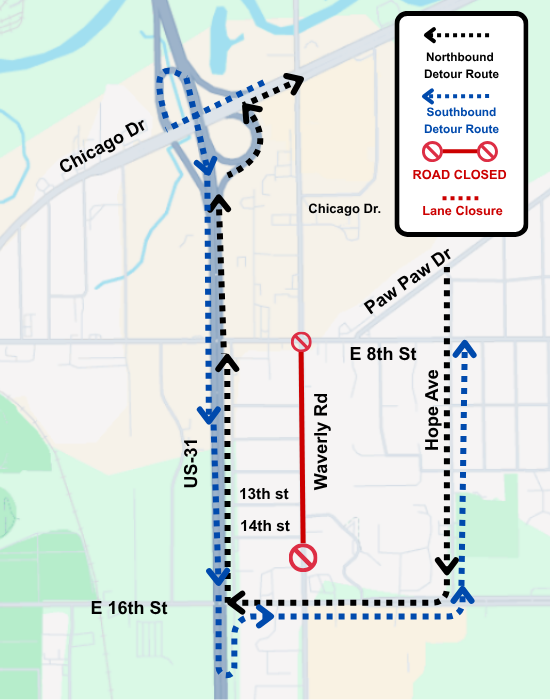 Image of map with lines to show road closures and detour routes.