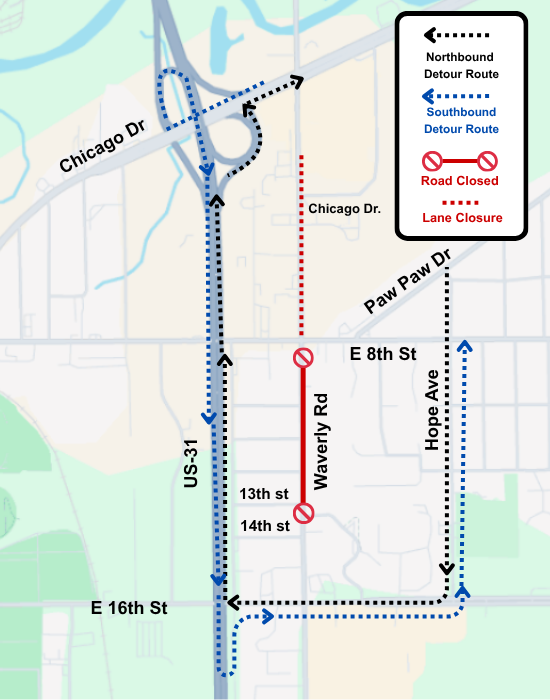 Image of map with lines to show road closures and detour routes.
