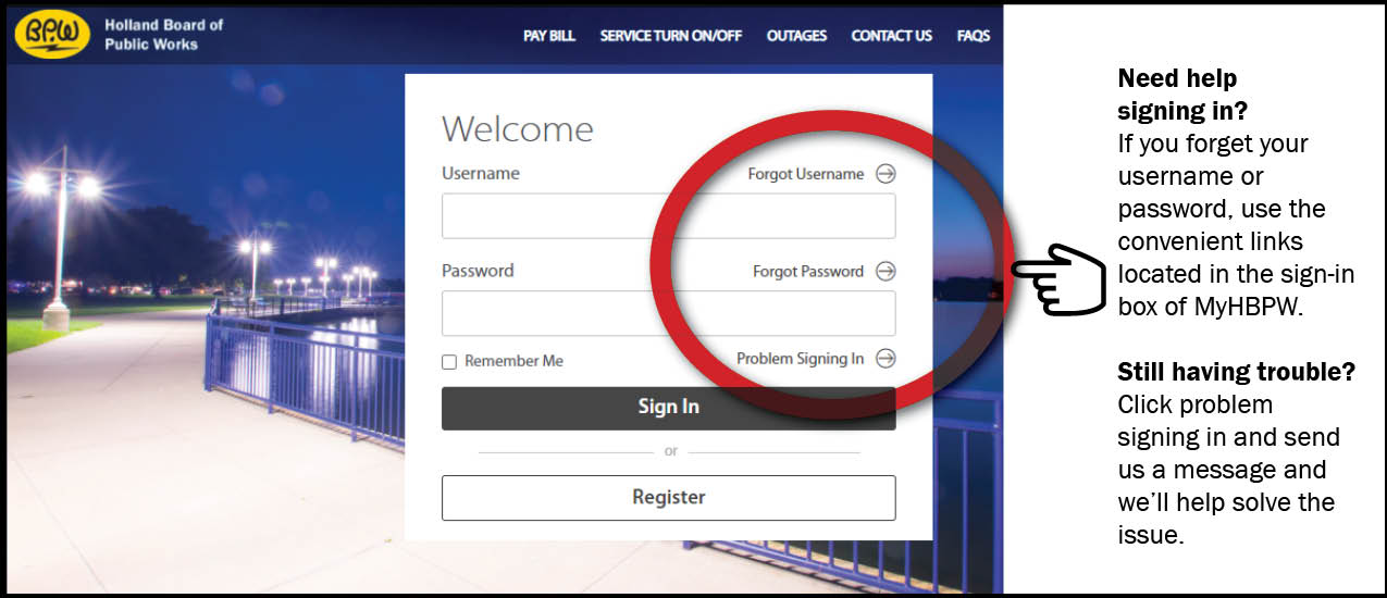 Homepage portal screenshot with login recovery links circled.