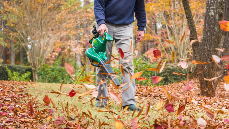 Man in khakis and a blue sweater uses a green chorded leaf blower