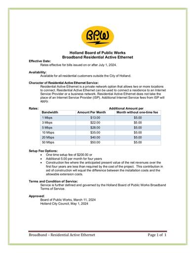 Broadband Rate Sheets