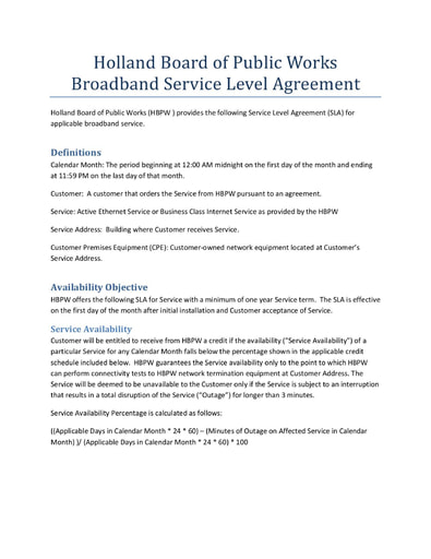 Broadband Service Level Agreement