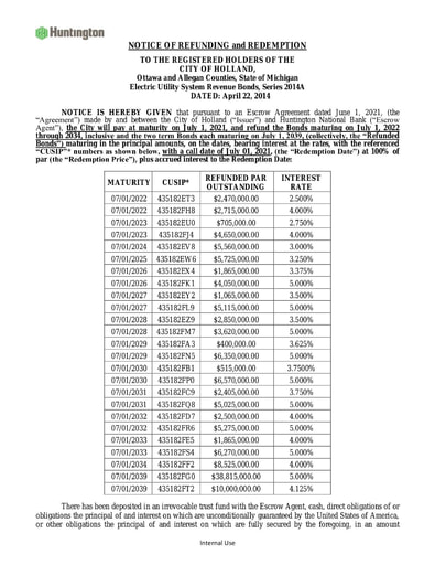 Notice of Refunding and Full Redemption 7-1-2021