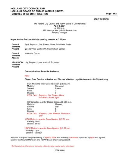 2024 04 08 Joint COH and HBPW Regular Meeting Minutes